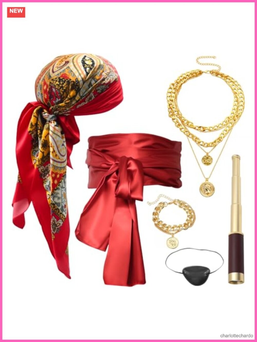 6PC Pirate Costume Accessory Set Women Satin Bandana Belt Spyglass